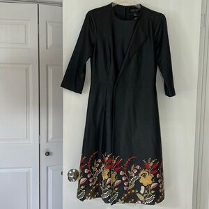FRONT ROW Faux wrap embroidered a line 3/4 sleeve dress black 4 faux leather